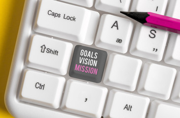 Writing note showing Goals Vision Mission. Business concept for practical planning process used to help community group White pc keyboard with note paper above the white background