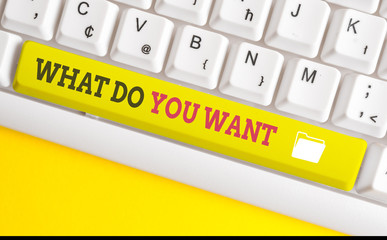 Text sign showing What Do You Want. Business photo text used for offering something to someone or asking their need White pc keyboard with empty note paper above white background key copy space