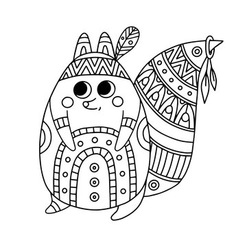 Coloring antistress with image squirrel in ethnic style