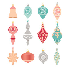 Set of Christmas retro toys for decorating the Christmas tree. New Year's elements