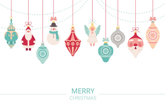 Garland of Christmas decorations. Retro christmas balls, santa claus, snowman and angel
