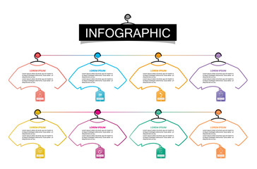 business infographic timeline design template and steps for shopping with icons and 8 steps. Can be used for workflow layouts, diagrams, annual reports, web design.