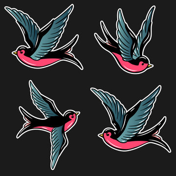 Set of swallow illustrations in old school tattoo style. For poster, card, banner, flyer. Vector illustration