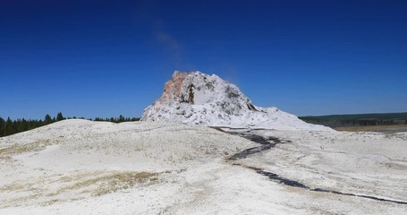 Yellowstone National Park geyser basin steam. Geothermal ecosystem environment. Largest super volcano on the continent. Biology geography and ecology. Millions of tourist.