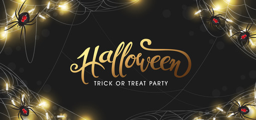 Happy Halloween text banners party invitation background.Realistic spiders and sparkling lights Vector illustration .