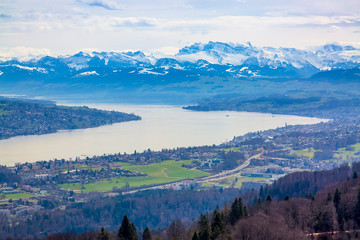 Panorama of Zurich city and lake from odservation tower on Uetliberg mountain