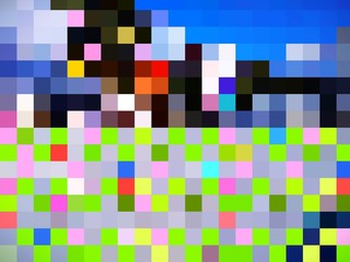 prominent abstract blue and grey background with colourful squares