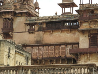 Jehangir Mahal, details and elements of Orchha Fort, Hindu religion, ancient architecture, Orchha, Madhya Pradesh, India.