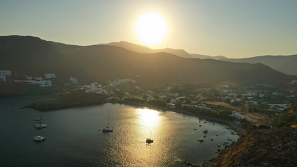 Fototapeta premium Aerial drone photo of famous beach of Livadi near main town of Astypalaia island, Dodecanese, Greece
