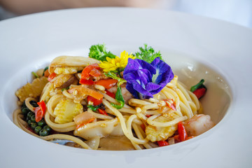 Stir-fried spicy spaghetti with seafoods