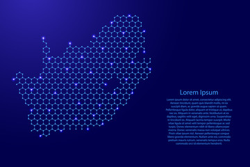 South Africa map from futuristic hexagonal shapes, lines, points  blue and glowing stars in nodes, form of honeycomb or molecular structure for banner, poster, greeting card. Vector illustration.