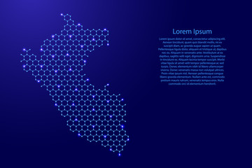 Obraz premium Peru map from futuristic hexagonal shapes, lines, points blue and glowing stars in nodes, form of honeycomb or molecular structure for banner, poster, greeting card. Vector illustration.