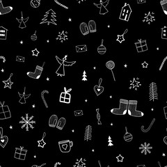 Seamless pattern with variety Christmas elements. Winter, christmas tree, gift and other. Design for banner, poster or print, for paper, postcart.