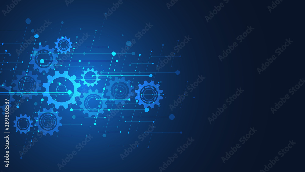 Wall mural cogs and gear wheel mechanisms. hi-tech digital technology and engineering. abstract technical backg