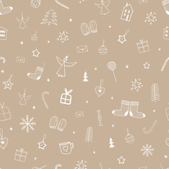 Seamless pattern with variety Christmas elements. Winter, christmas tree, gift and other. Design for banner, poster or print, for paper, postcart.