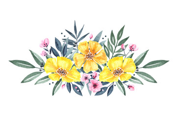 Watercolor floral composition with yellow and pink flowers, greenery. Great for greeting cards and wedding design.