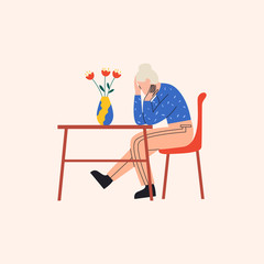 Depressed old woman sitting at the table in miserable pose. There are flowers in vase on the table. Flat vector illustration