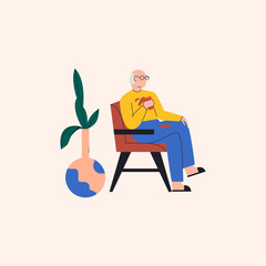Old man sitting and chair in dirty clothes and splitting coffee on himself. Elderly person demonstrating disregard for hygiene. Dementia symptom. Flat vector illustration