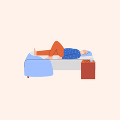 Old man laying on hid back in bed and can't sleep. Elderly person performing trouble sleeping. Flat vector illustration