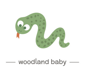 Vector hand drawn flat baby snake. Funny woodland animal icon. Cute forest animalistic illustration for children’s design, print, stationery.