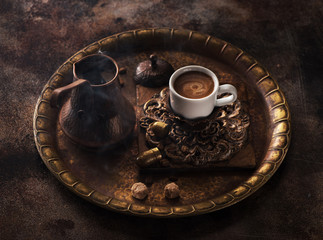 Old cezve and cup coffee, still life oriental coffee
