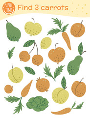 Search and find activity for preschool children with fruit and vegetables. Find three carrots game. Matching and recognition puzzle. Funny logical quiz worksheet for kids..