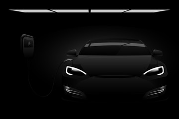 Black electric car with a charging station in the dark. Vector illustration EPS 10