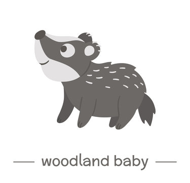 Vector hand drawn flat baby badger. Funny woodland animal icon. Cute forest animalistic illustration for children’s design, print, stationery.