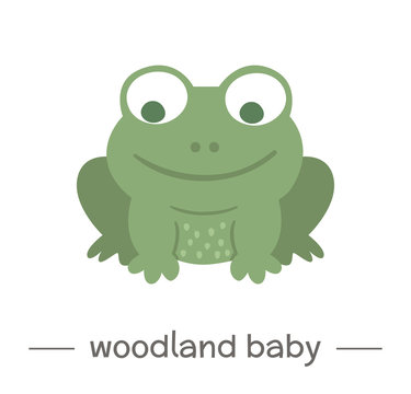 Vector hand drawn flat baby frog. Funny woodland animal icon. Cute forest animalistic illustration for children’s design, print, stationery.