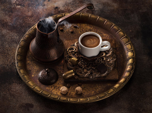 Old Cezve And Cup Coffee, Still Life Oriental Coffee