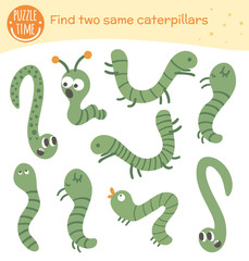 Naklejka premium Find two same insects. Matching activity for preschool children with green caterpillars. Funny woodland game for kids. Logical quiz worksheet..