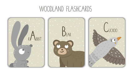 Colorful alphabet letters A, B, C. Phonics flashcard. Cute woodland themed ABC cards for teaching reading with funny rabbit, bear, cuckoo..