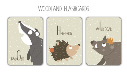 Colorful alphabet letters G, H, I. Phonics flashcard. Cute woodland themed ABC cards for teaching reading with funny badger, hedgehog, wild boar..
