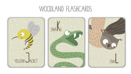 Colorful alphabet letters J, K, L. Phonics flashcard. Cute woodland themed ABC cards for teaching reading with funny yellow jacket, snake, owl..