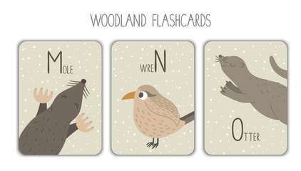 Colorful alphabet letters M, N, O. Phonics flashcard. Cute woodland themed ABC cards for teaching reading with funny mole, wren, otter..