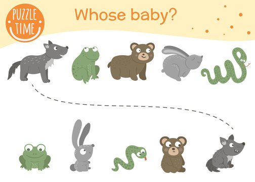 Whose baby matching activity for preschool children. Connect the animal with its baby. Funny woodland game for kids. Logical quiz worksheet..