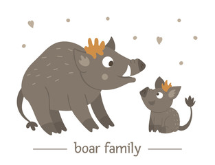 Vector hand drawn flat baby boar with parent. Funny woodland animal scene showing family love. Cute forest animalistic illustration for children’s design, print, stationery.