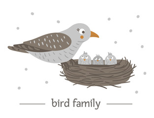 Vector hand drawn flat bird sitting on the nest with eggs. Funny woodland animal scene showing family love. Cute forest animalistic illustration for children’s design, print, stationery.