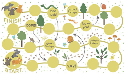 Forest adventure board game for children. Educational woodland boardgame. Puzzle with animals, birds, trees, insects. Help baby fox, wolf and boar get to their parents.. © Lexi Claus