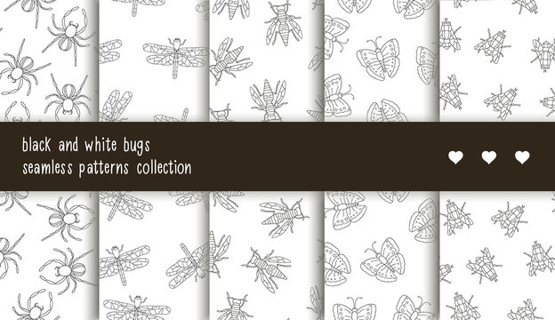 Vector seamless patterns collection of black and white insects. Set of repeat backgrounds with isolated monochrome spider, dragonfly, fly, butterfly, wasp. Good for clothes for teenagers, stationery