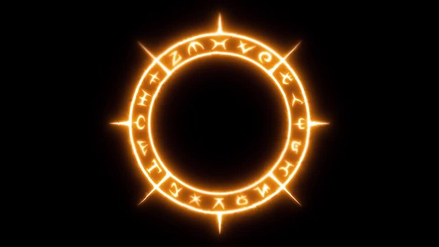 White occult circle with mystical symbols with moving heat distortion and hot orange glow