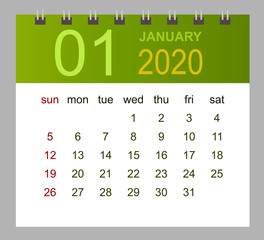Template of calendar for January 2020. Week starts Sunday. Vector illustration.