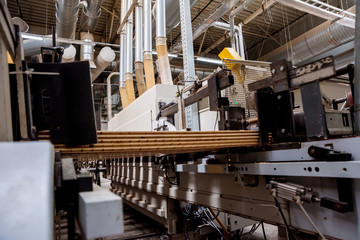 Production line of the wooden floor factory. CNC automatic woodworking machine.