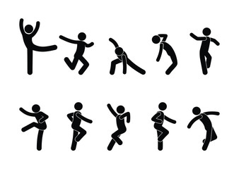 Dancing people in different poses, a set of stick figure people silhouettes, stickman icon, human pictograms fun.