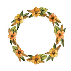 Wreath of autumn leaves and fruit in watercolor style. Beautiful round wreath of yellow and red leaves, acorns, berries, cones and branches. Decor for invitations, greeting cards, posters.