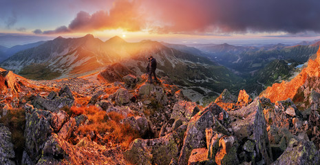 Slovakia mountain landscape at dramatic sunset, Panorama of Rohace Tatras