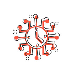 Real time icon in comic style. Clock vector cartoon illustration on white isolated background. Watch business concept splash effect.