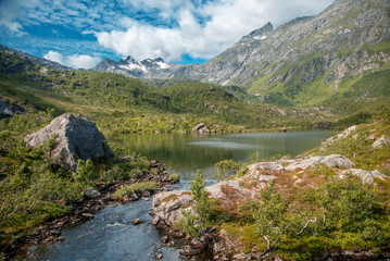 Beautiful scenery, mountains and lakes forest in Vesteralen Norway, a trip to Northern Europe