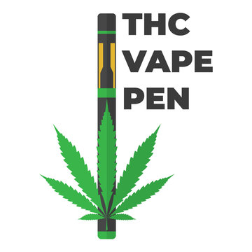 THC Vape Pen Illustration. Vape Pen In Flat Style And Cannabis Leaf. 