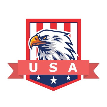 American Eagle Logo Mascot Vector Icon with Flag of America Background Independence Day Template Design